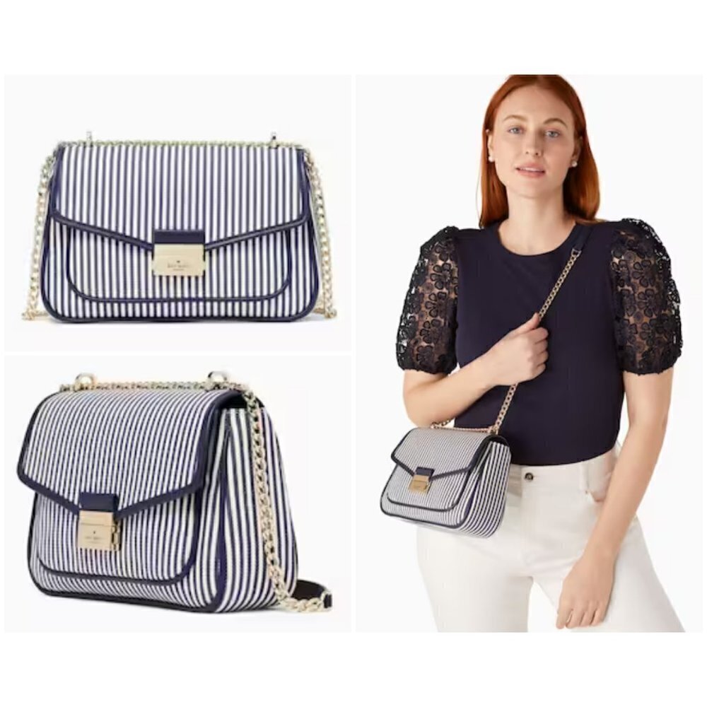 💕KATE SPADE Carey Medium Flap Shoulder Bag Canvas Leather Trim Blue Striped NWT